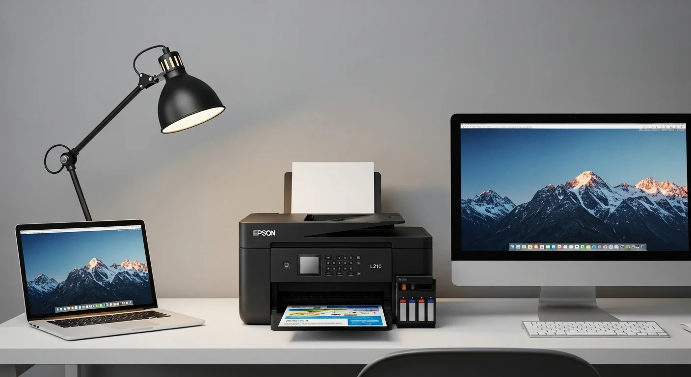 Impresora Epson L210 junto a una computadora portátil y de escritorio en un entorno de oficina, mostrando su funcionalidad y conectividad.