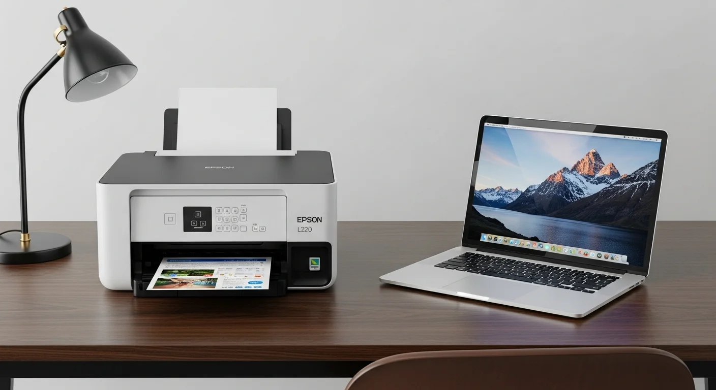 Impresora Epson L220 en un escritorio moderno junto a una computadora portátil, mostrando el ecosistema de tecnología de oficina.