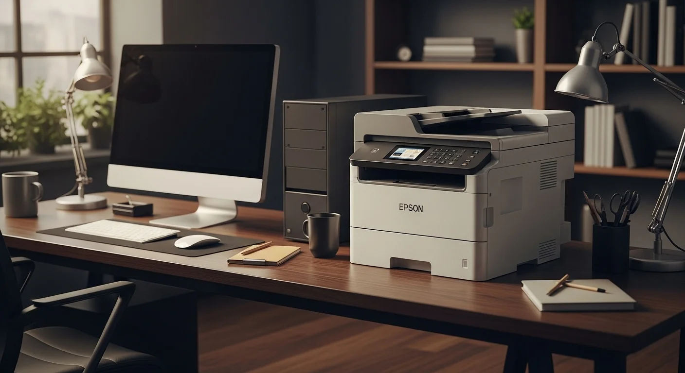Impresora multifuncional Epson L3110 en un escritorio moderno junto a varias computadoras y otros accesorios de oficina, destacando la tecnología.