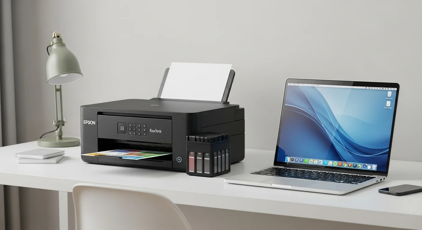 Impresora Epson L3150 en un escritorio moderno junto a una laptop, simbolizando la conexión entre computadoras y periféricos eficientes.