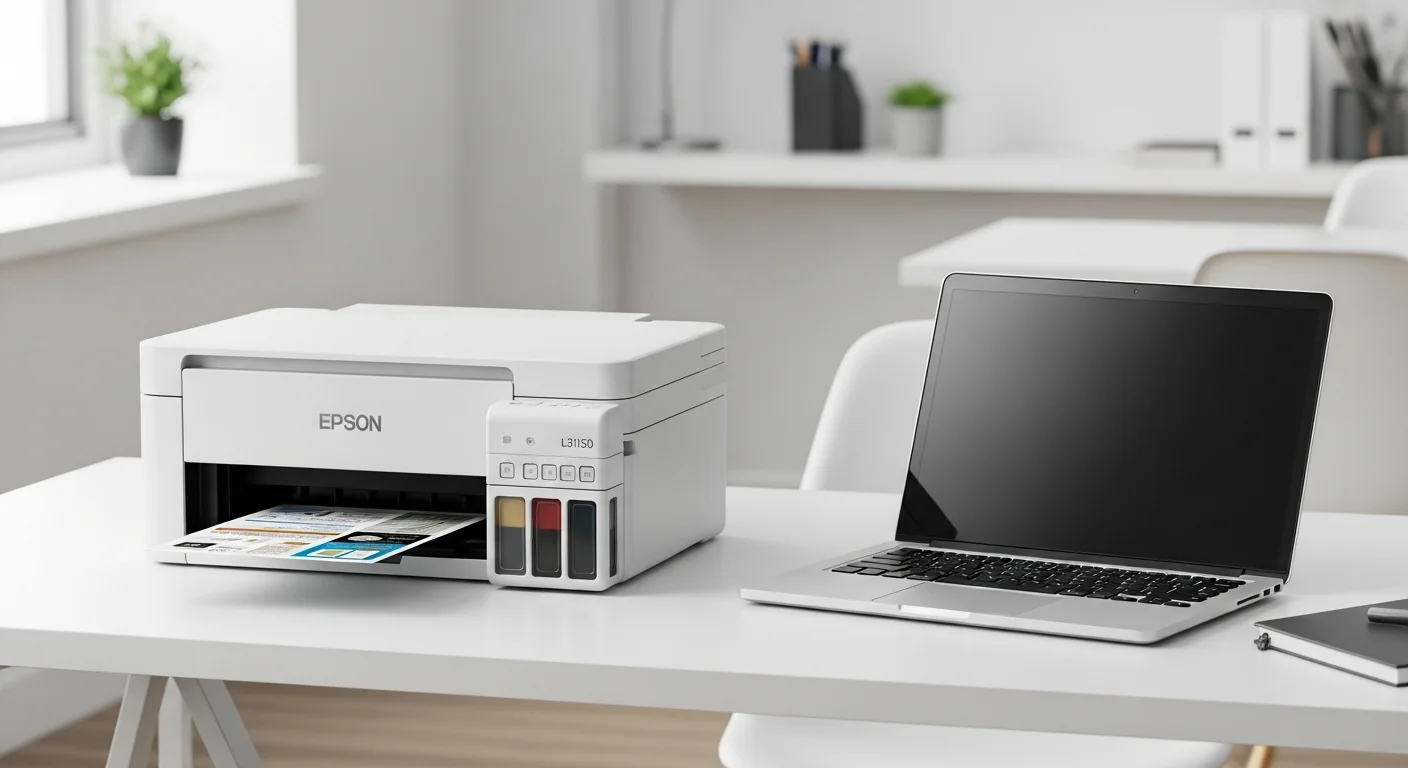 Epson L3150 Impresor en un escritorio junto a una laptop, demostrando la sinergia con computadoras y tecnología de oficina.