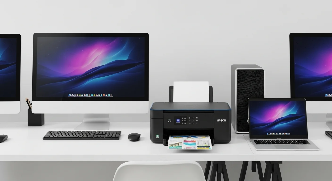 Impresora Epson L3210 Ecotank en un escritorio moderno junto a varias computadoras y laptops, mostrando un entorno de oficina productivo y tecnológico.