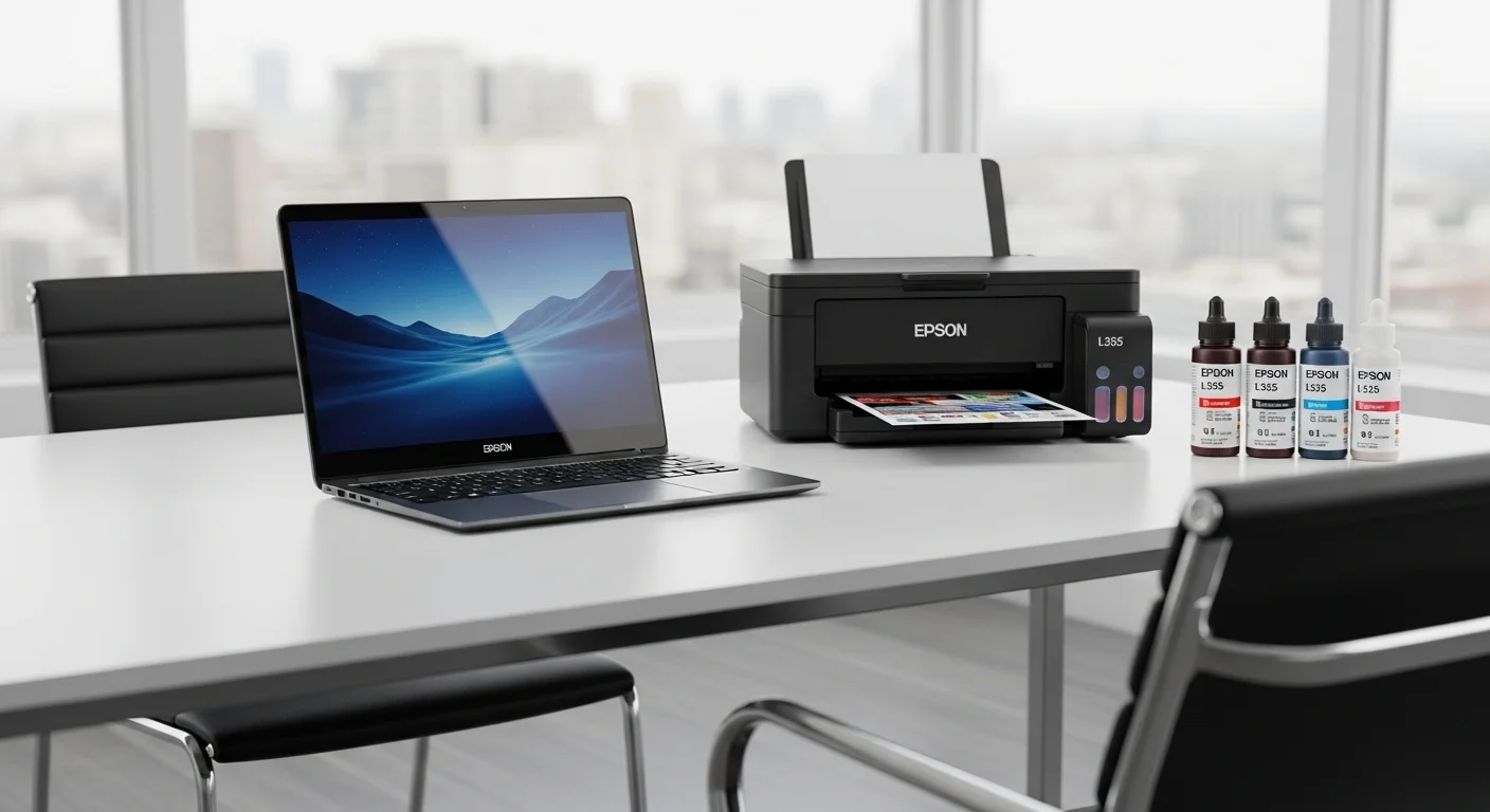 Una impresora Epson L355 junto a un laptop moderno y botellas de tinta L355 en un escritorio de oficina, ilustrando la conexión entre computadoras y la tinta L355.