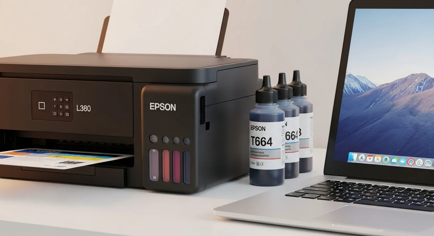 Una impresora Epson L380 junto a una laptop y las botellas de tinta T664, representando la conexión entre computadoras y la gestión de la L380 tinta.