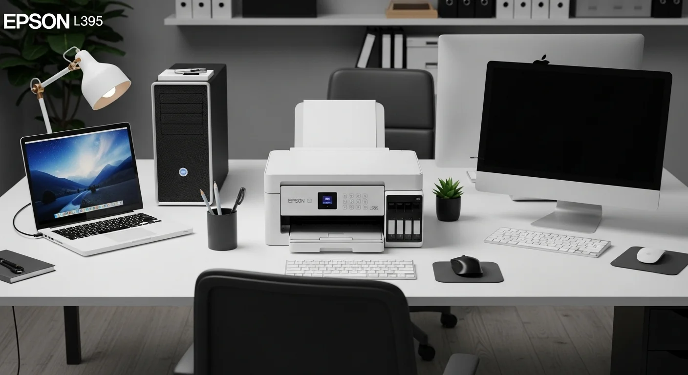 Impresora Epson L395 en un escritorio de oficina moderno junto a varias computadoras y accesorios tecnológicos, destacando su conectividad.