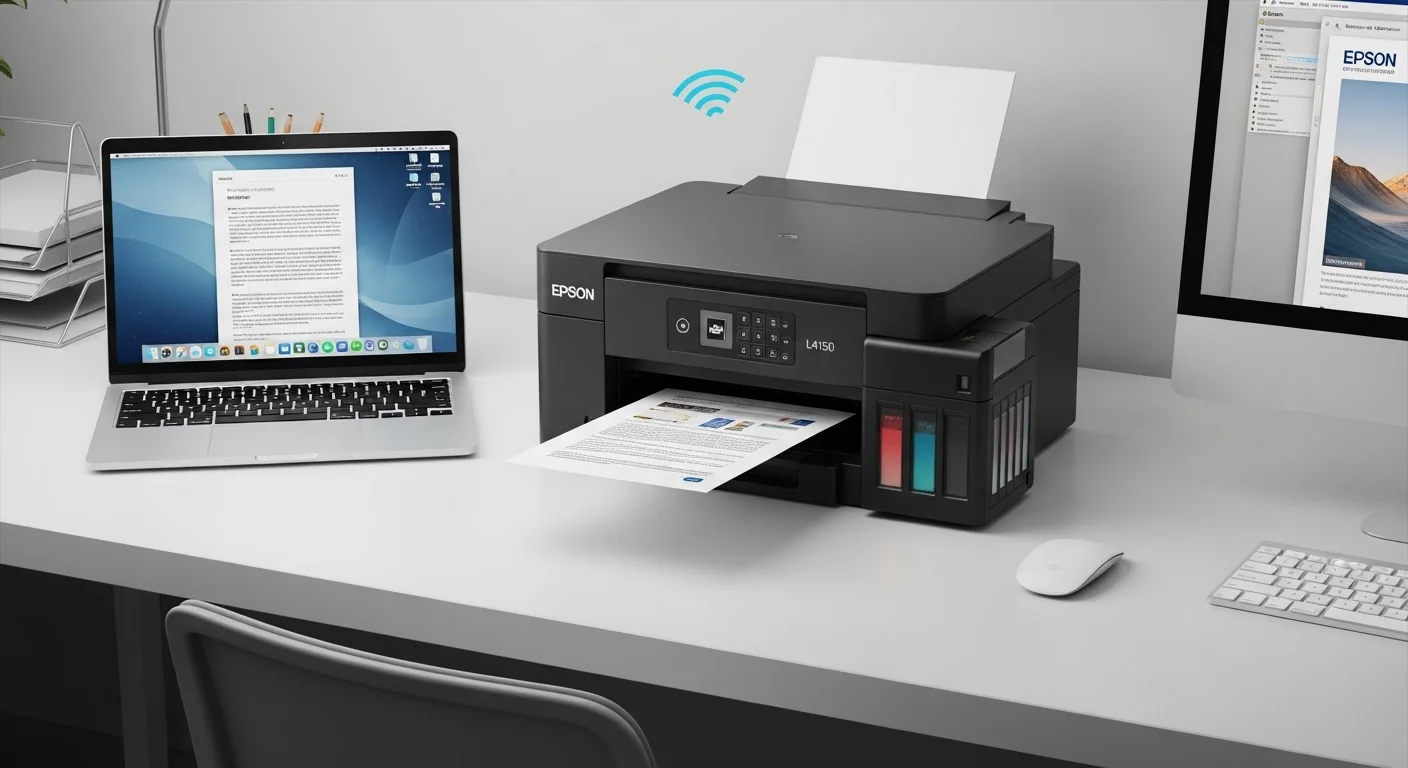 Impresora Epson L4150 en un escritorio de oficina moderno junto a una laptop y otros dispositivos, demostrando su conectividad con computadoras.
