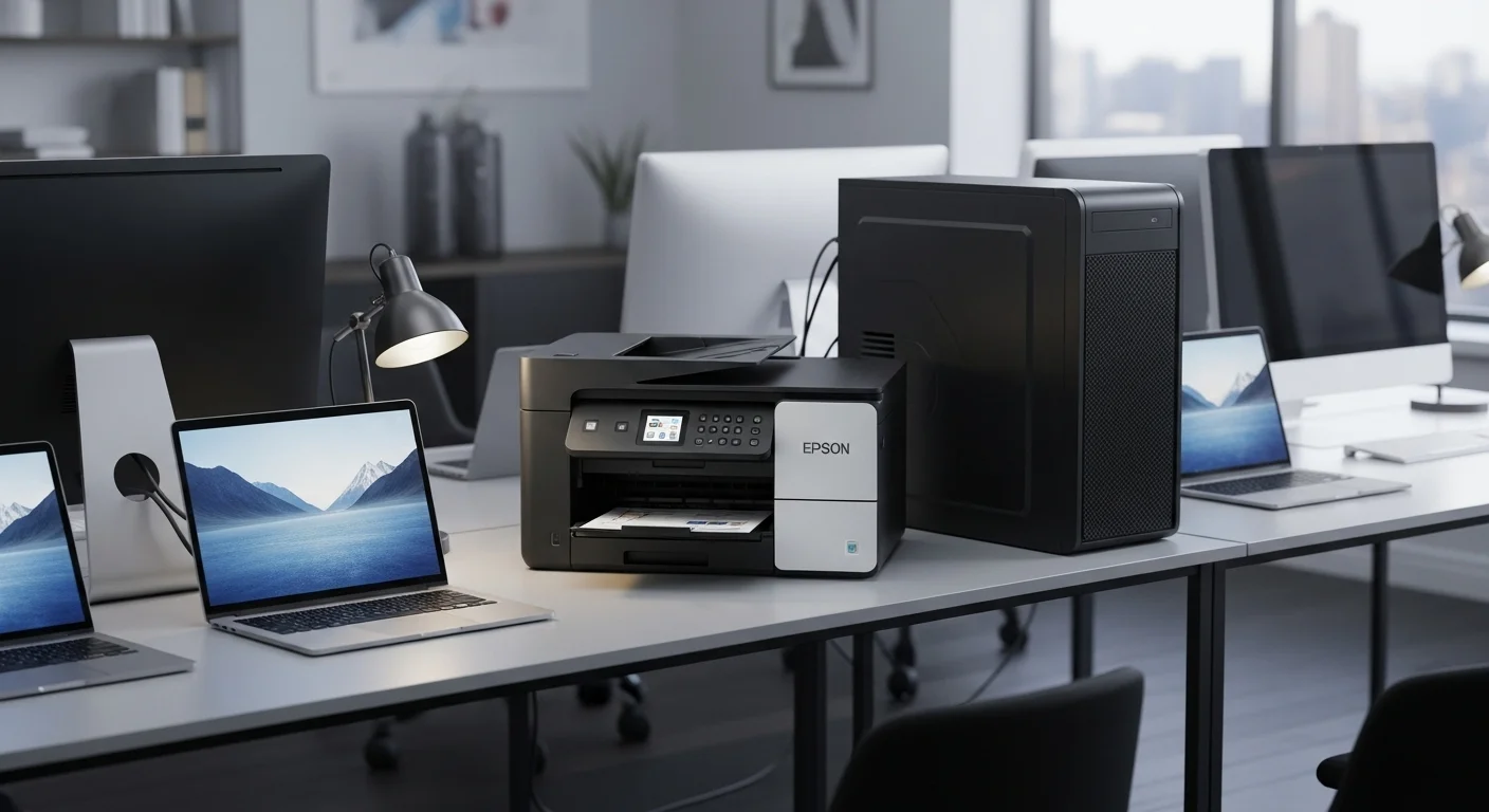 Impresora L5190 Epson en un escritorio moderno junto a varias computadoras y una laptop, mostrando un entorno de oficina tecnológico y productivo.