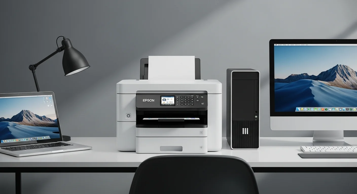 Impresora Epson L5190 en un moderno escritorio de oficina, flanqueada por una laptop y una computadora de escritorio, mostrando un entorno de trabajo tecnológico integrado.
