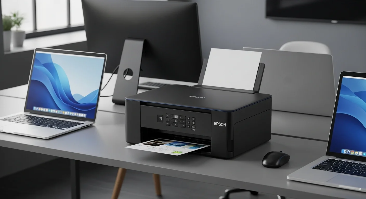Impresora Epson L6171 en un escritorio de oficina moderno, al lado de computadoras, mostrando su diseño compacto y profesional.