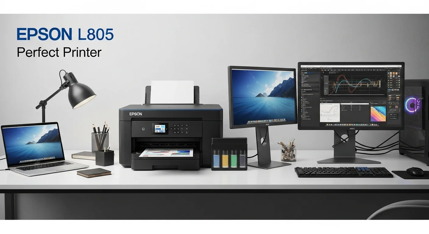 Una impresora Epson L805 en un escritorio moderno junto a varias computadoras y accesorios de oficina, mostrando un entorno de trabajo tecnológico y eficiente.