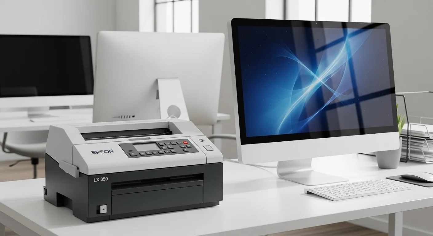 Una impresora matricial Epson Lx 350 junto a computadoras modernas en un entorno de oficina, destacando la tecnología duradera.