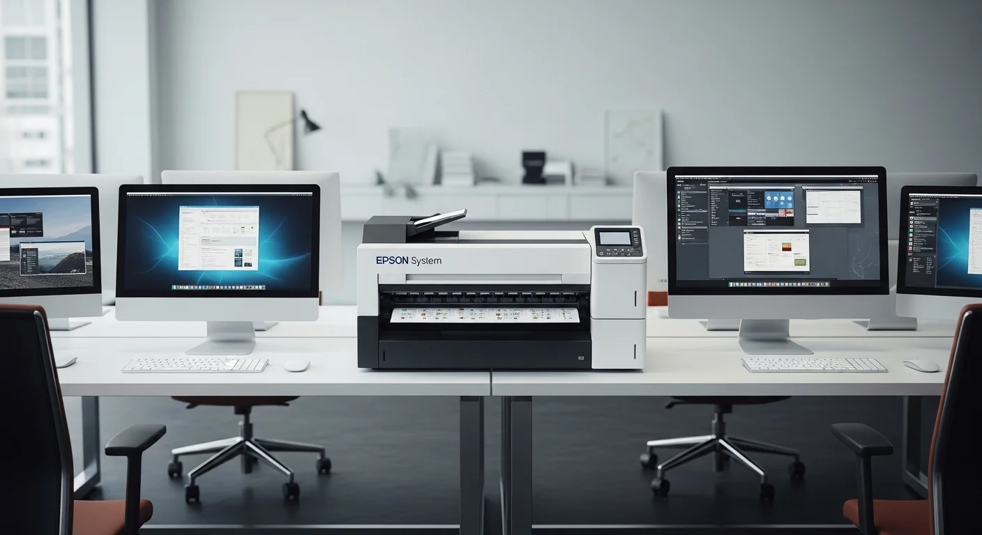 Una impresora Epson sistema continuo junto a varias computadoras en un entorno de oficina moderno, mostrando la sinergia tecnológica.