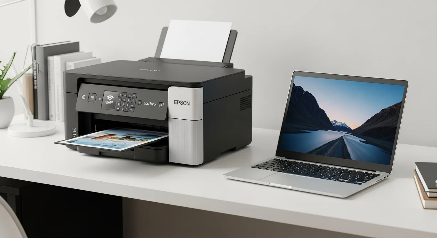 Una impresora multifuncional Epson Wifi EcoTank en un escritorio moderno junto a una laptop, simbolizando la conectividad inalámbrica entre computadoras y equipos de oficina.