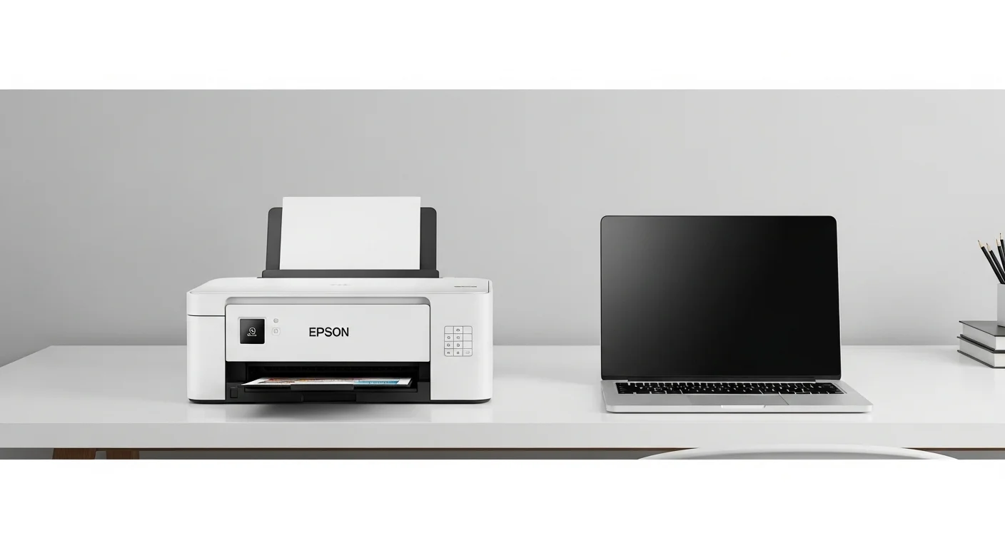 Impresora Epson XP-2101 en un escritorio moderno junto a una laptop, mostrando la sinergia entre computadoras y equipos de oficina.
