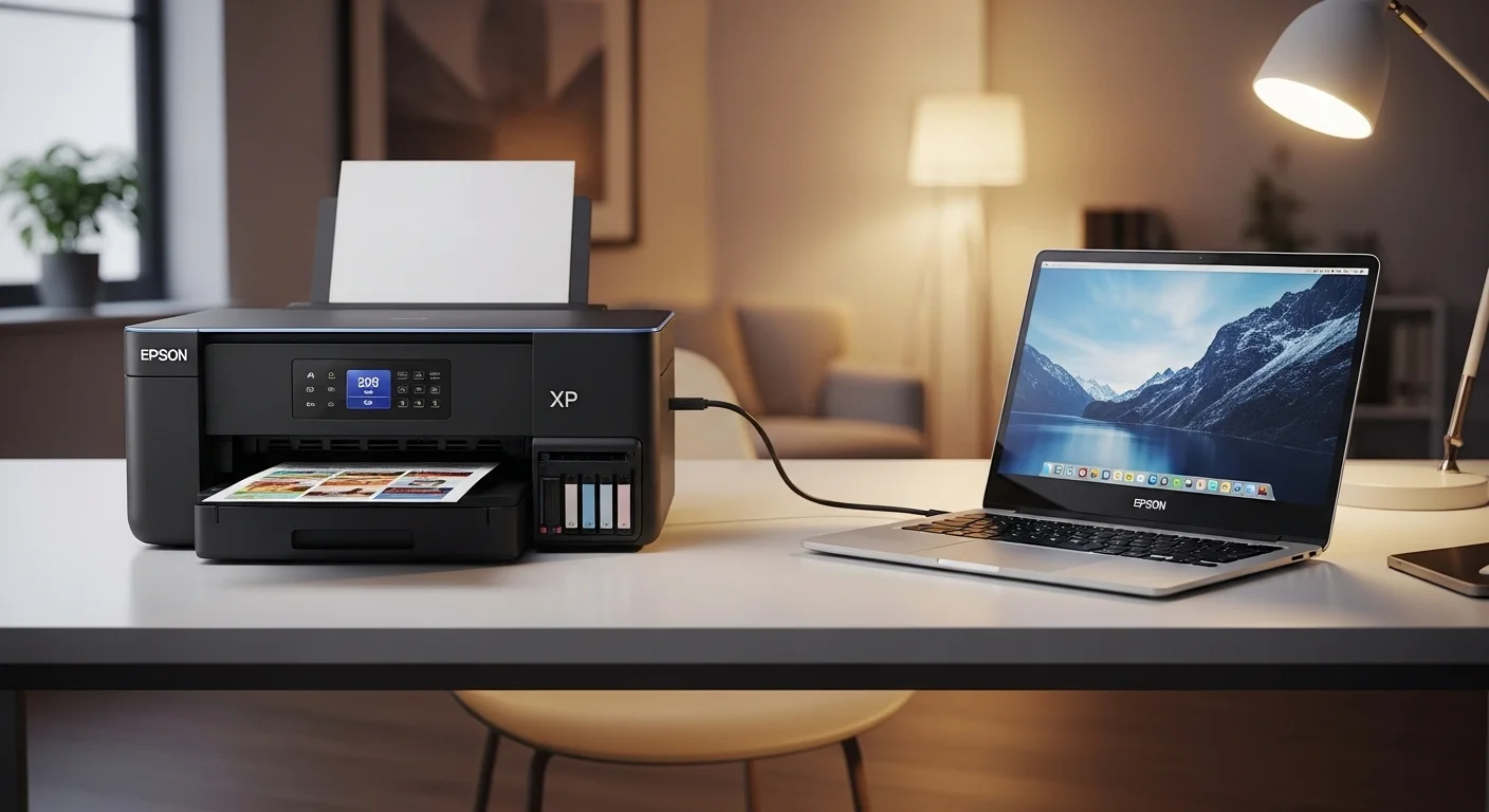 Una impresora multifunción Epson XP conectada a una computadora portátil en un escritorio de oficina moderno, mostrando la sinergia entre computadoras y tecnología de impresión.