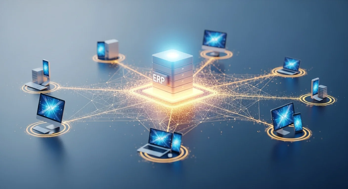 Una imagen conceptual mostrando la interconexión entre diversas computadoras y dispositivos con un núcleo central que representa un sistema ERP, simbolizando la alianza tecnológica.