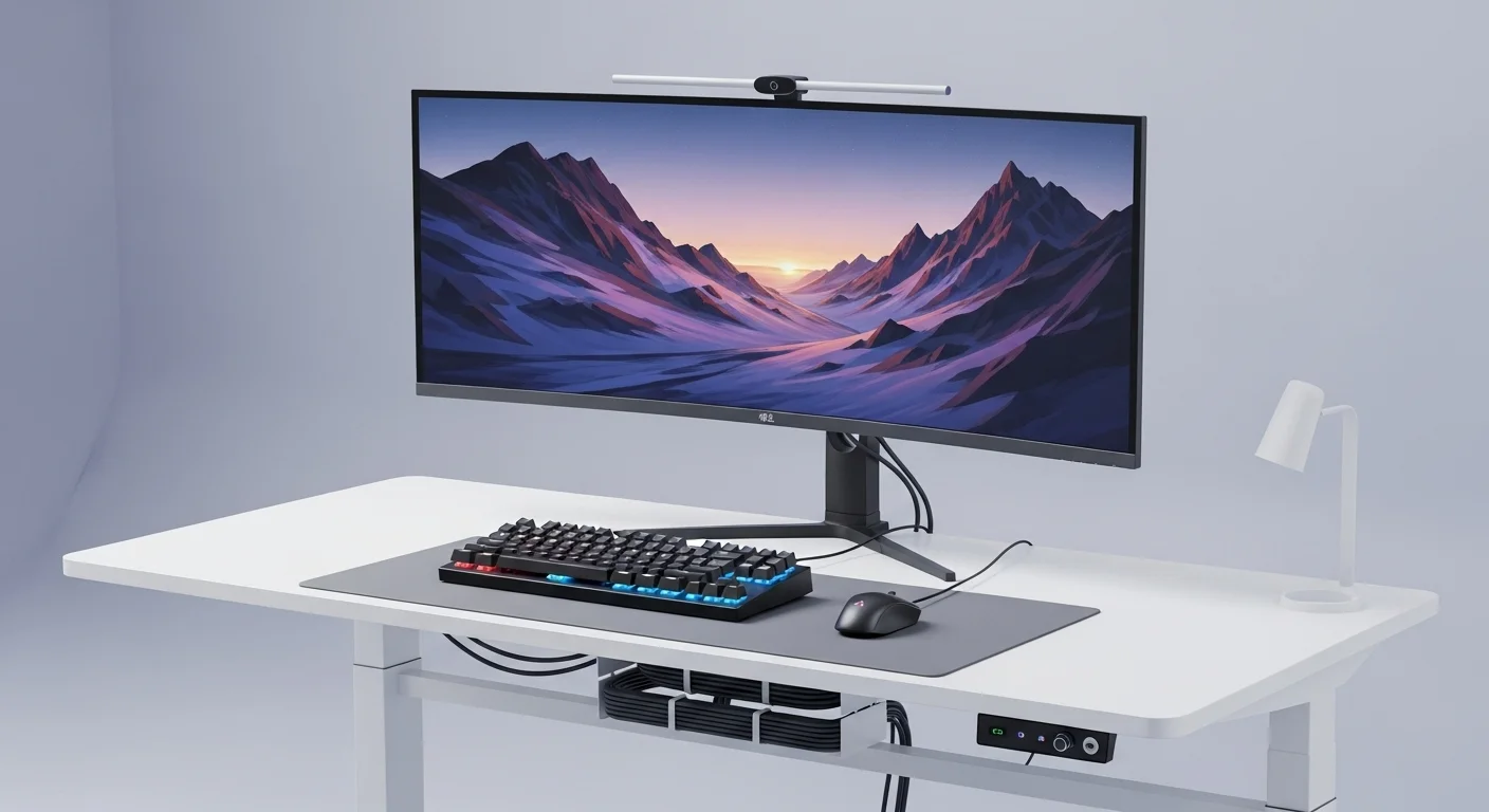 Escritorio para computadoras moderno y minimalista con un monitor ultrawide, teclado mecánico y buena gestión de cables