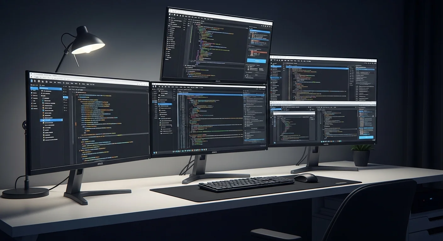 Un escritorio de computadora moderno mostrando varios programas de editor de software abiertos en múltiples monitores, ilustrando la multitarea.