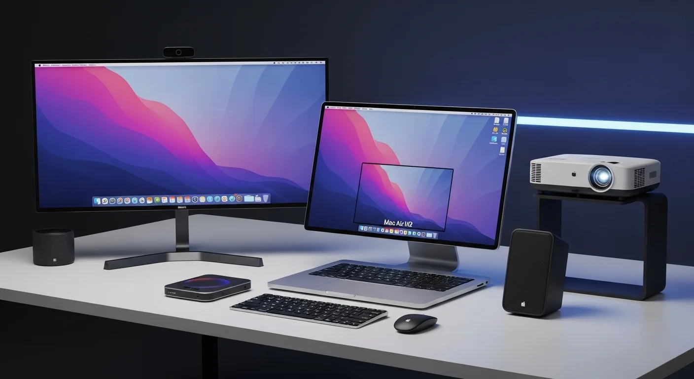 Un moderno espacio de trabajo de oficina con una computadora Mac Air M2 conectada a un monitor, proyector y otros accesorios de tecnología como bocinas y teclado externo.