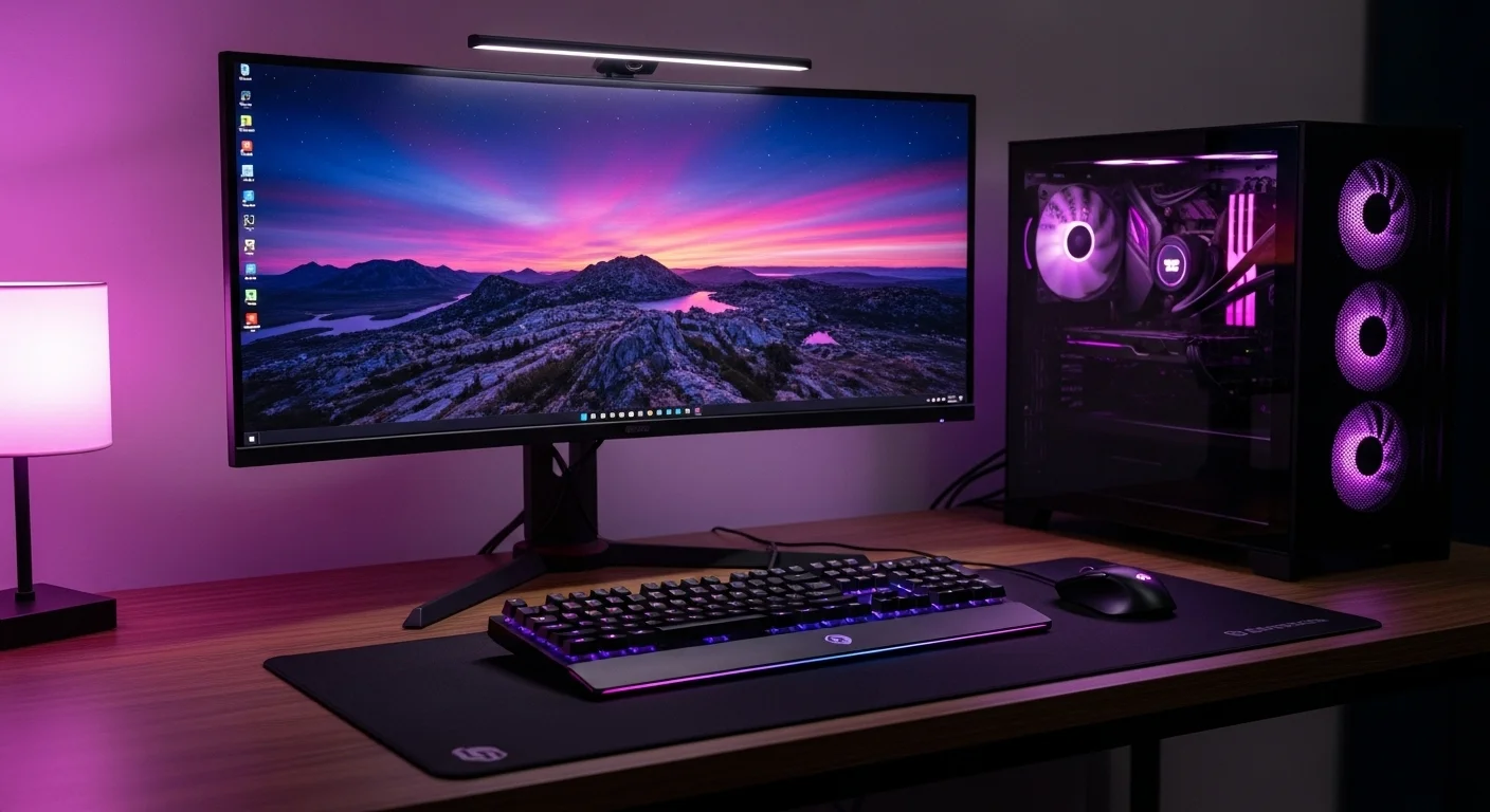 Computadoras gamer para expertos, con un monitor curvo y teclado iluminado en un escritorio de madera.