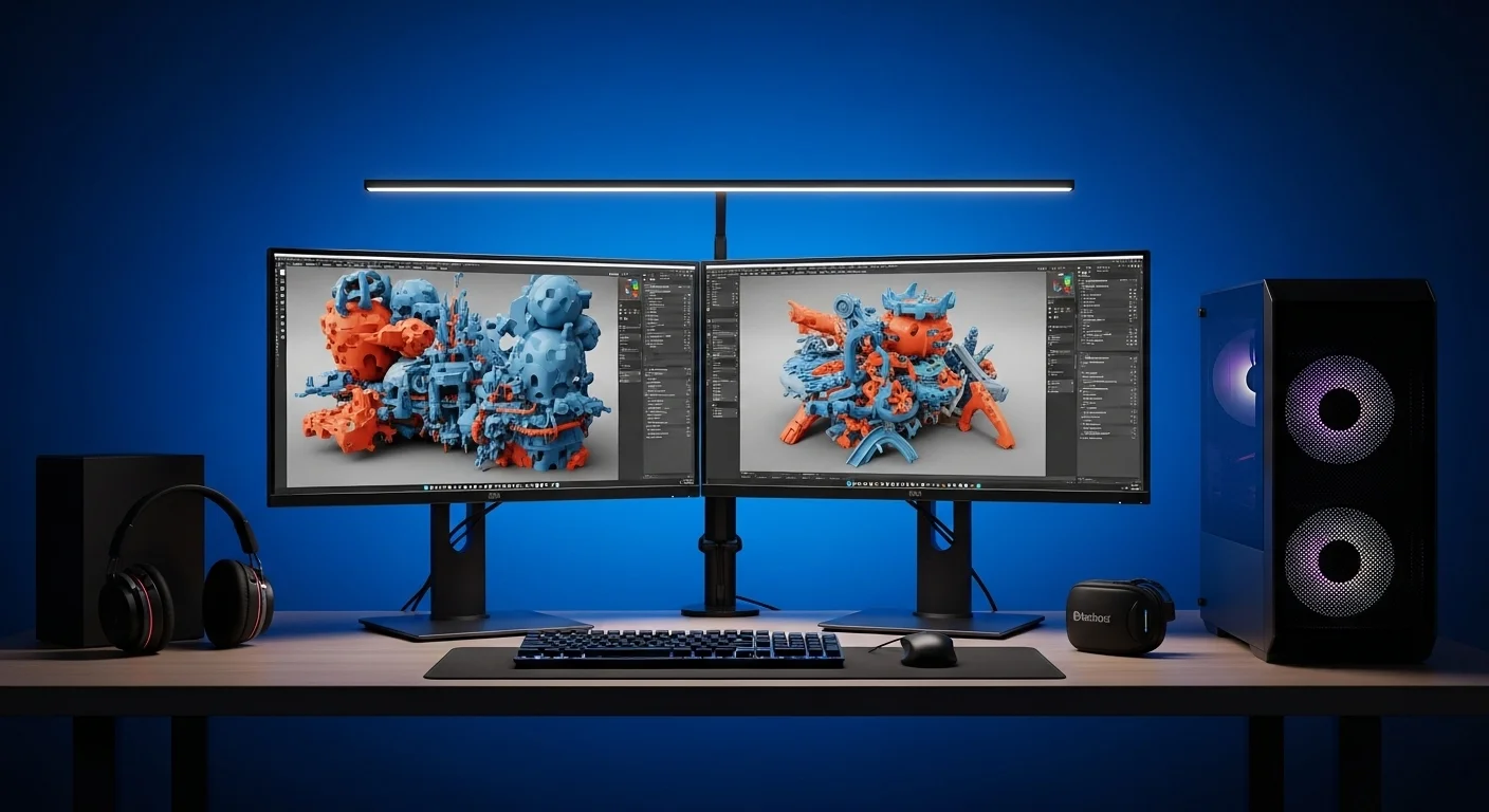 Una potente estación de trabajo de computadora con dos monitores mostrando una escena compleja de Blender 3, optimizada para rendimiento.
