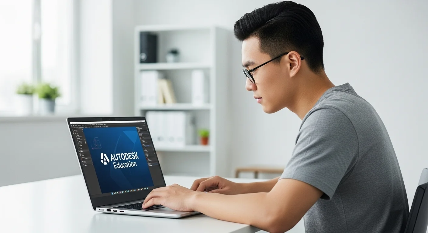 Un estudiante de ingeniería trabajando en una laptop potente con software de Autodesk Education, mostrando el logo de Autodesk en la pantalla.