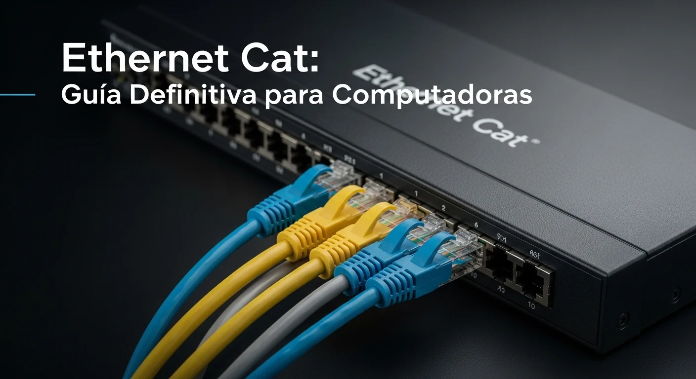 Una selección de cables Ethernet Cat de diferentes colores (azul, amarillo, gris) conectados a un switch de red, ilustrando la conectividad para computadoras.