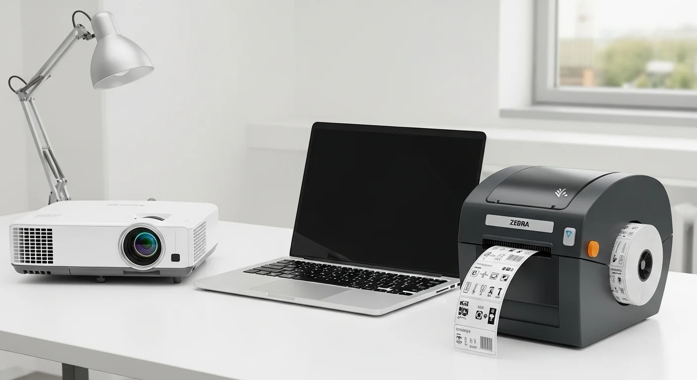 Ecosistema de tecnología de oficina con una computadora portátil, una impresora de etiquetas Zebra y un proyector sobre un escritorio moderno.