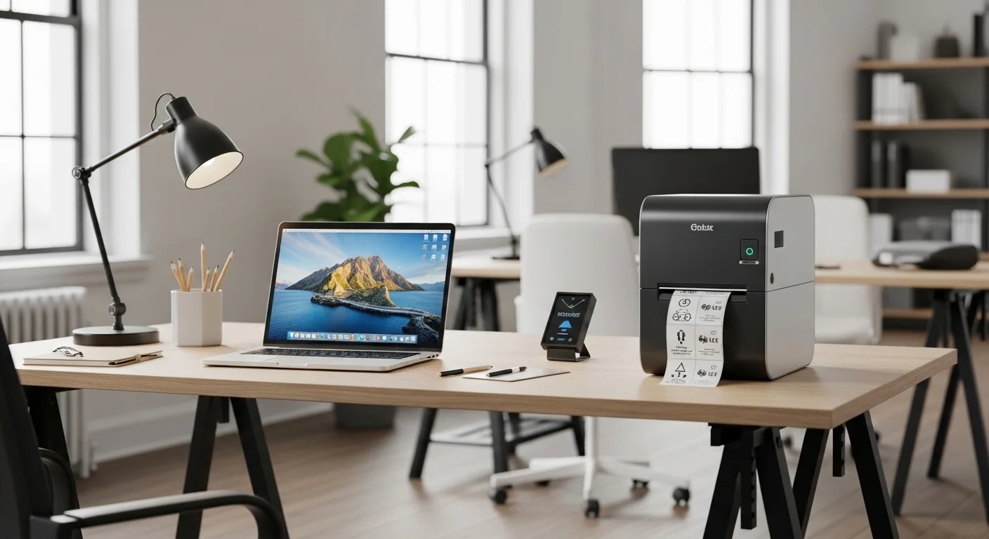 Escritorio de oficina con una laptop, una impresora térmica de etiquetas y varios accesorios tecnológicos, mostrando la sinergia entre computadoras y etiquetas térmicas.