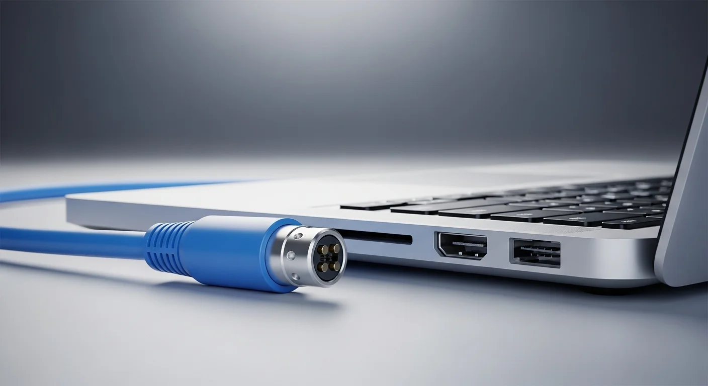 Una composición de imagen mostrando un cable Euroconector junto a una computadora portátil moderna con puerto HDMI, simbolizando la conexión entre tecnologías.