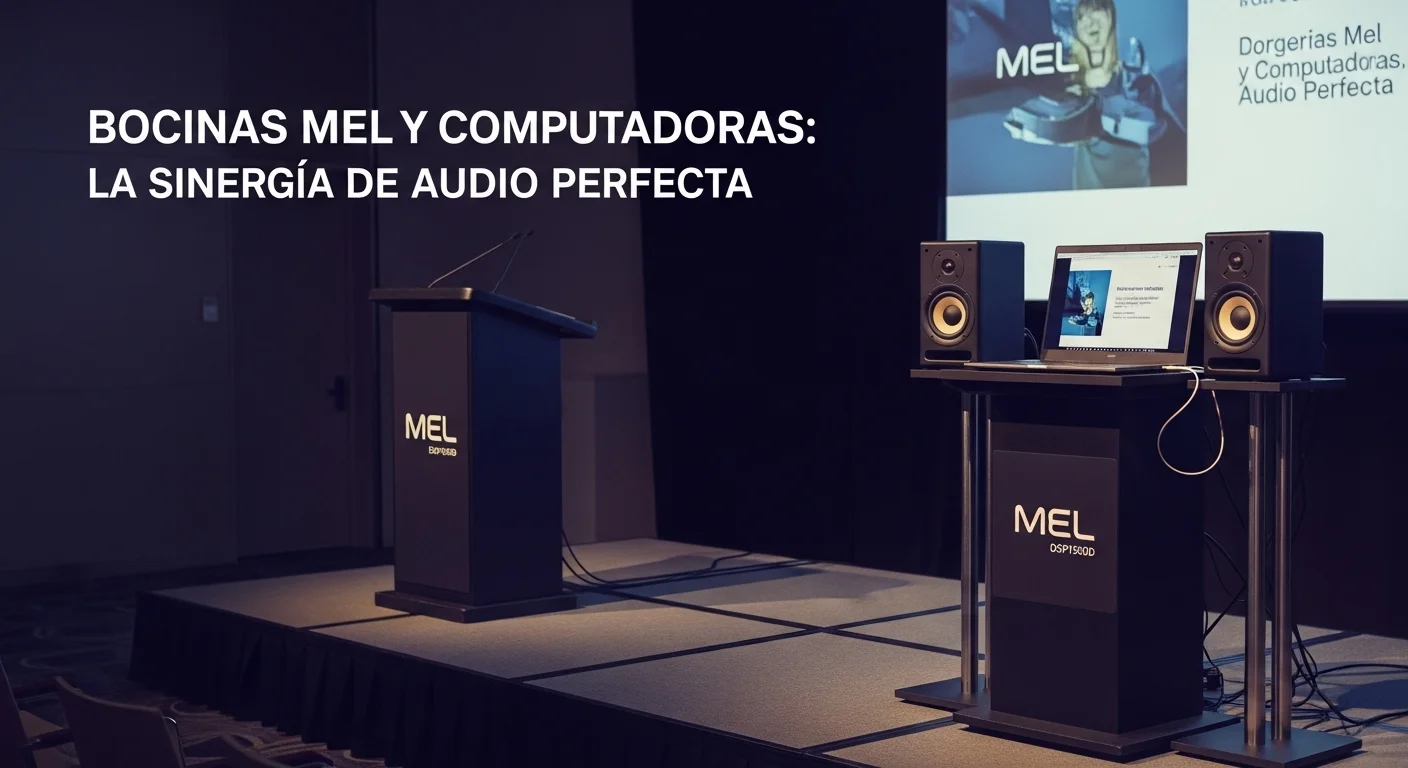 Presentación en evento corporativo con Bocinas Mel modelo DSP1560D en el escenario, conectadas a una laptop en un podio.
