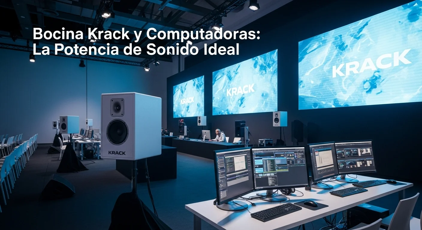 Escenario de un evento corporativo mostrando un sistema de sonido con bocinas Krack integradas con pantallas gigantes y computadoras para la gestión del evento.