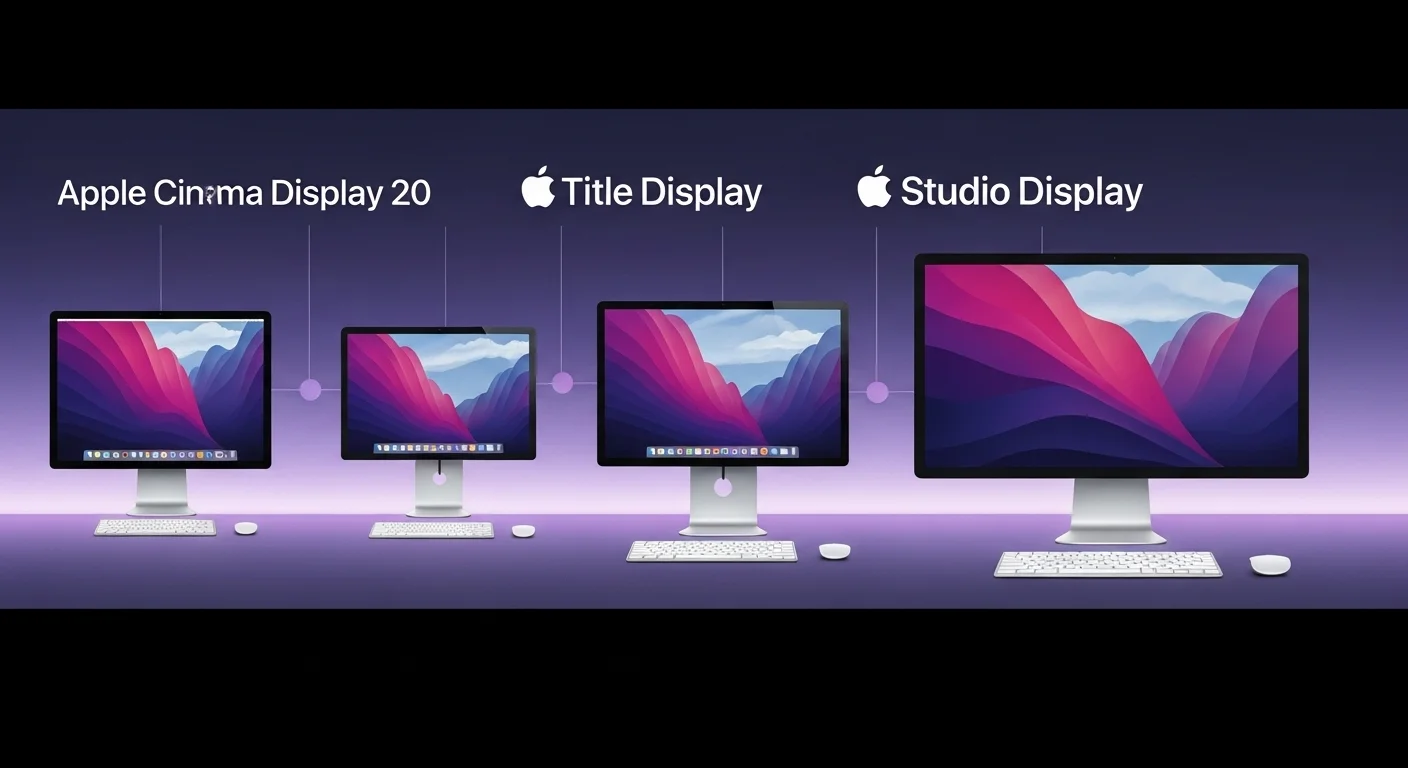 Una línea de tiempo visual que muestra la evolución de los monitores de Apple, desde el Apple Cinema Display 20 hasta el Studio Display.