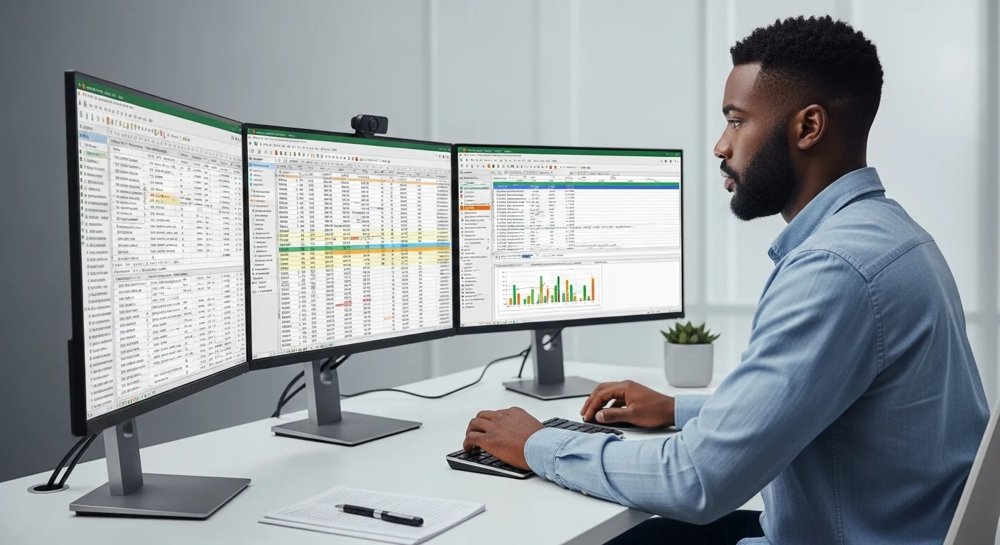 Una persona trabajando en una hoja de cálculo de Excel compleja en una configuración de múltiples monitores en una computadora moderna.