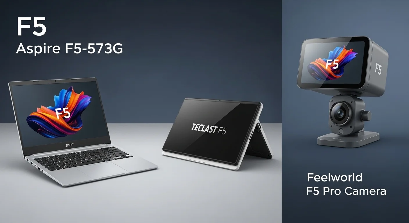 Collage de productos tecnológicos con la etiqueta F5, incluyendo la laptop Acer Aspire F5-573G, el convertible Teclast F5 y el monitor de cámara Feelworld F5 Pro, representando el ecosistema de computadoras y F5.