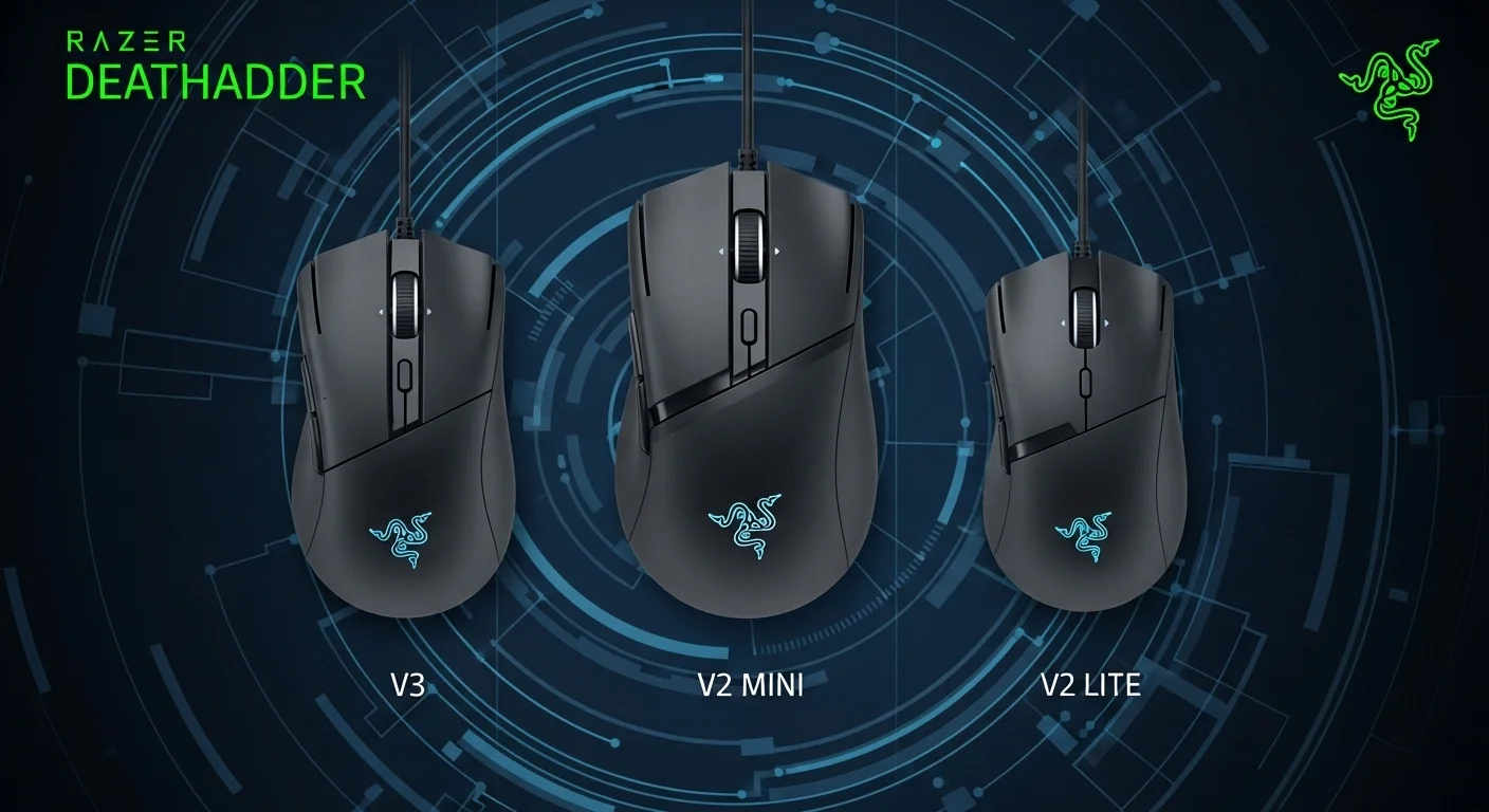 Comparativa de varios modelos de la familia Razer Deathadder, mostrando las diferencias de tamaño y diseño entre el V3, V2 Mini y V2 Lite, sobre un fondo tecnológico.