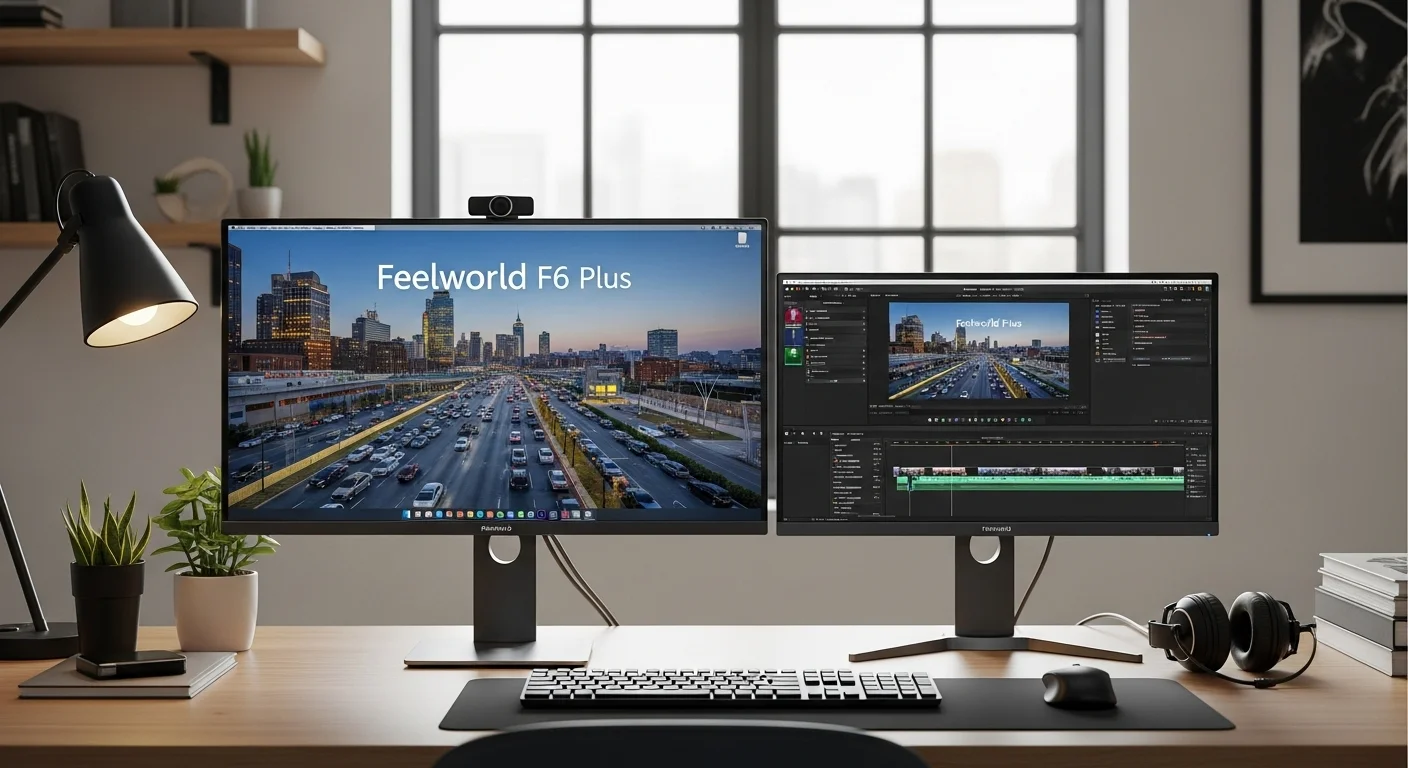 Setup de computadora con un monitor principal y un monitor Feelworld F6 Plus secundario mostrando la interfaz de un software de edición de video.