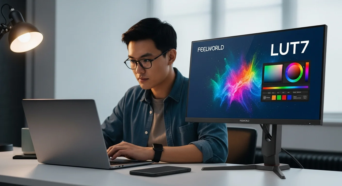 Una persona utilizando una laptop junto a un monitor Feelworld LUT7 en un entorno brillante, demostrando su alta luminosidad y uso con computadoras portátiles.