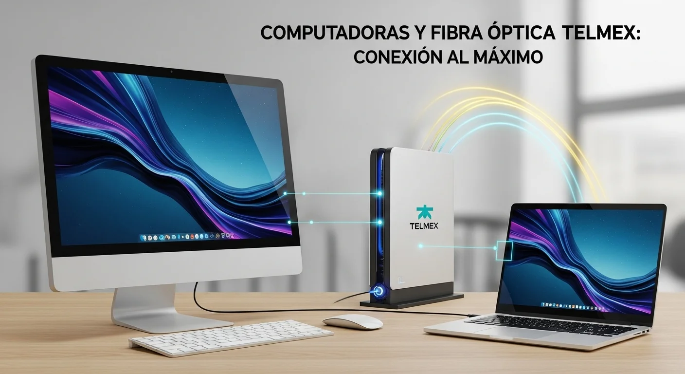 Una computadora de escritorio moderna y una laptop conectadas a la red, con un módem de Fibra Optica Telmex visible en el fondo simbolizando alta velocidad.