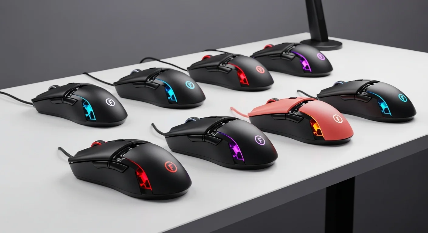 Una colección de ratones Finalmouse Starlight-12 dispuestos sobre un escritorio de computadoras moderno, destacando sus colores y diseño de magnesio.