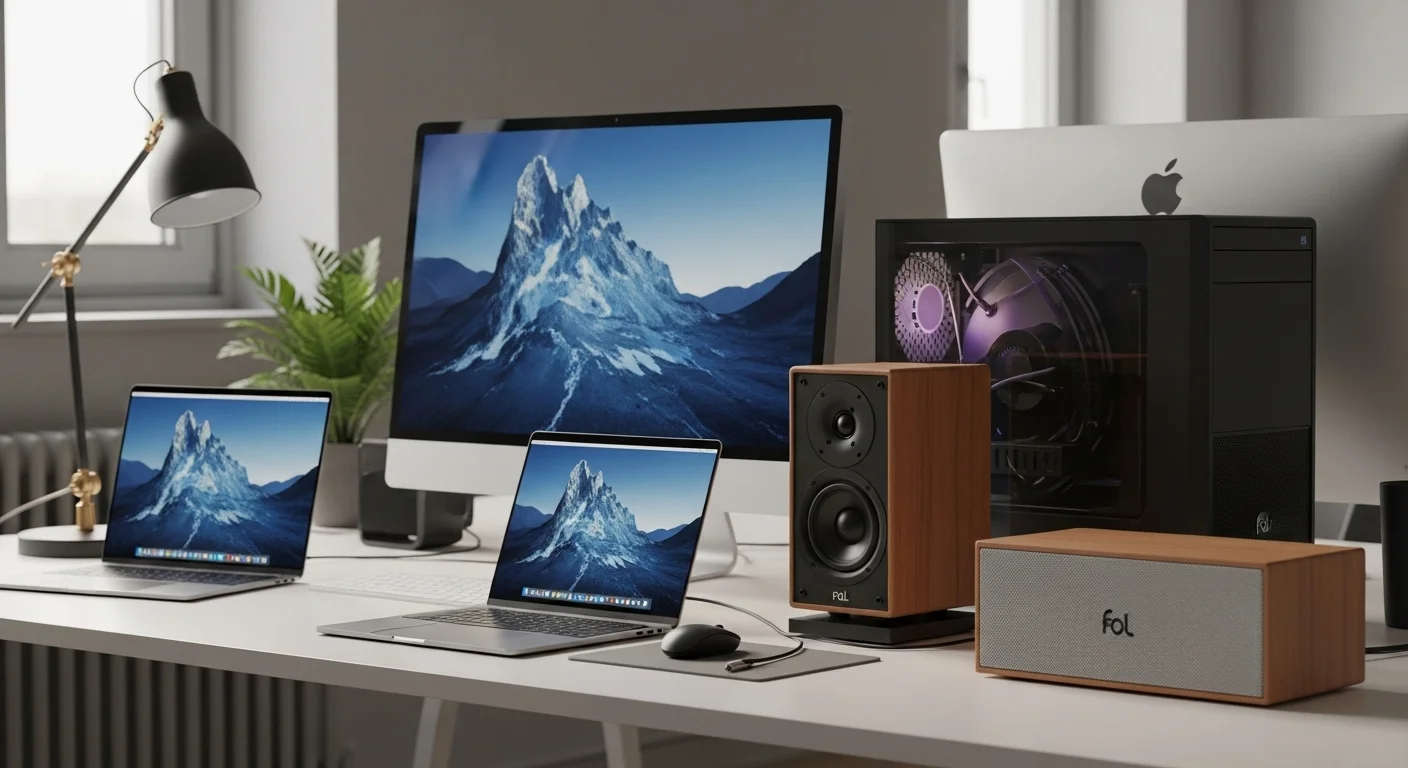 Un moderno escritorio con varias computadoras y una prominente bocina Fol, mostrando la sinergia entre audio y tecnología.