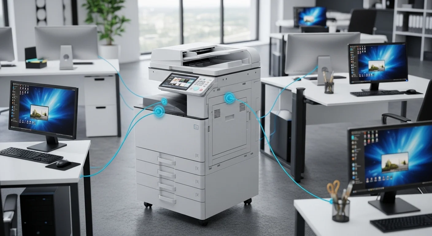 Fotocopiadora multifuncional moderna en un entorno de oficina, conectada a varias computadoras y mostrando la sinergia tecnológica.
