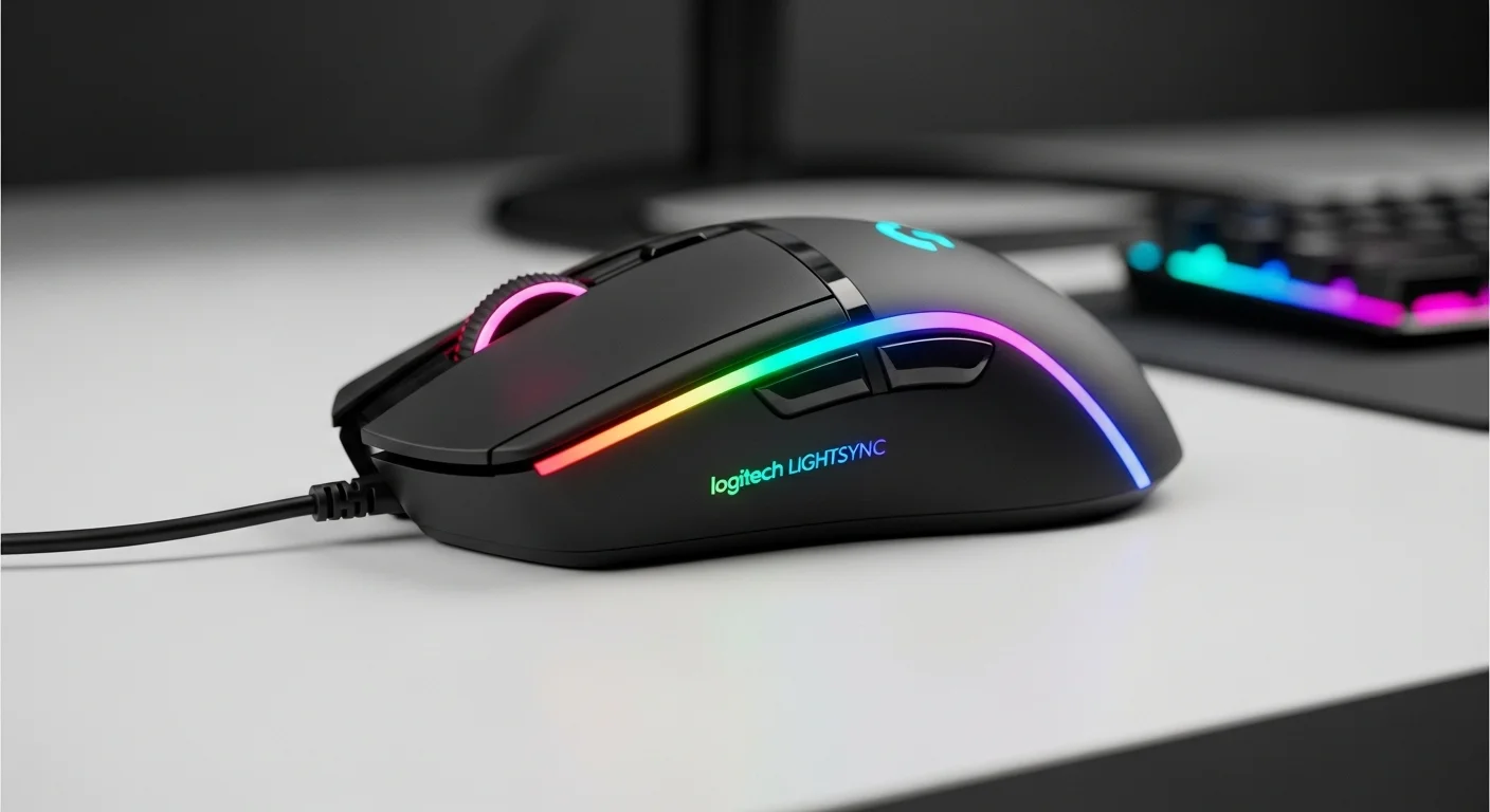 Imagen en primer plano del g203 lightsync gaming mouse sobre un escritorio, destacando su diseño ergonómico y la vibrante banda de iluminación RGB característica de la tecnología logitech lightsync