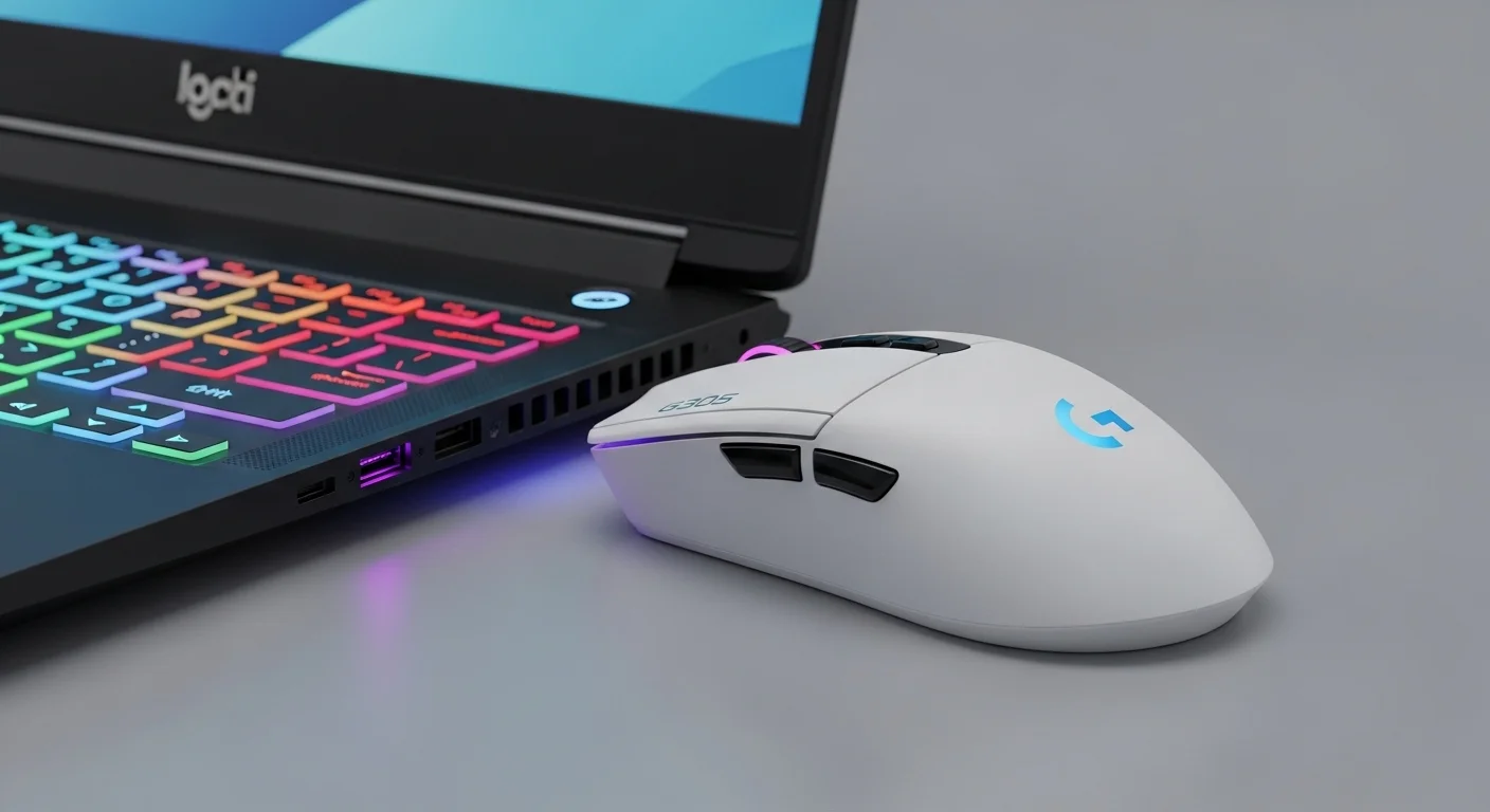Mouse inalámbrico Logitech G305 junto a una computadora portátil gaming, destacando su diseño y portabilidad para accesorios de computadoras.