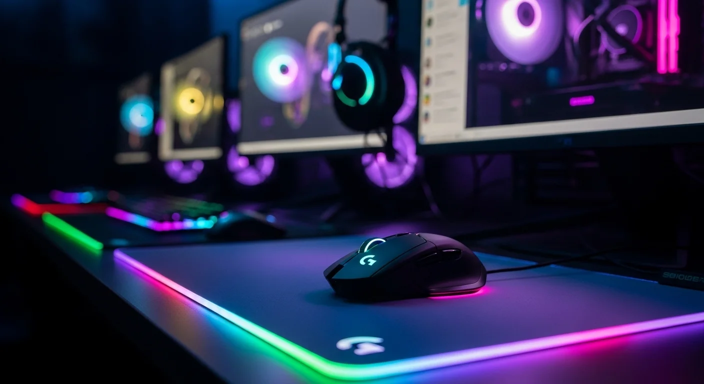 Mouse Logitech G502 Proteus Spectrum sobre una alfombrilla junto a varias computadoras gaming iluminadas con RGB.