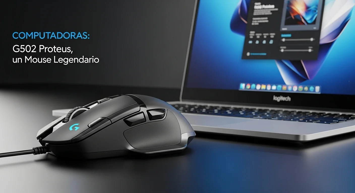 Vista detallada del Logitech G502 Proteus Core mostrando su diseño ergonómico y los botones laterales junto a una laptop de alto rendimiento.