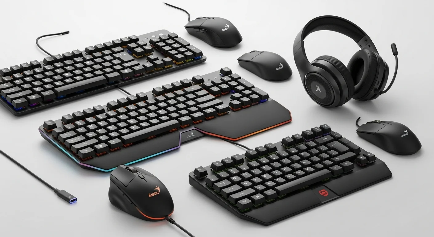 Colección de periféricos Genius para computadoras de oficina y gaming, incluyendo teclados, ratones y auriculares.