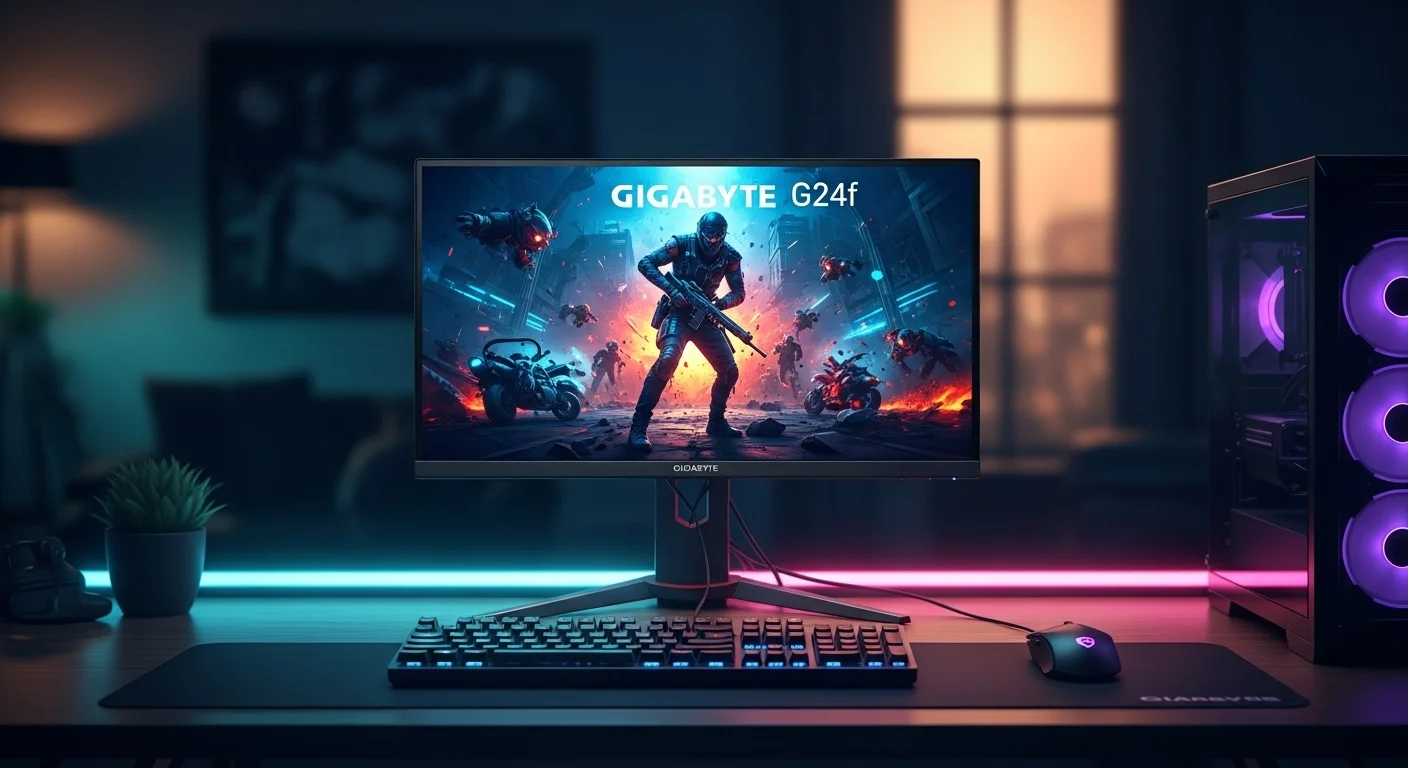 Monitor Gigabyte G24f en un escritorio de computadoras, mostrando una escena de juego vibrante. Tecnología y gaming.