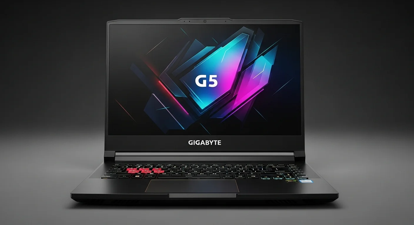 Vista frontal de una computadora portátil Gigabyte G5 mostrando el teclado y la pantalla con un diseño orientado a la tecnología y el gaming.