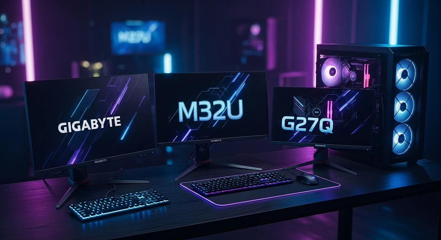 Un setup de computadoras de alta gama mostrando varios monitores Gigabyte, incluyendo un Gigabyte M32U y un G27Q, iluminados con luces RGB.